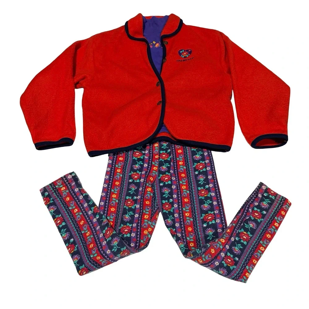 Vintage OshKosh Bgosh Hot Colors 3pc‎ Set Fleece Jacket Shirt Leggings Girls 6X